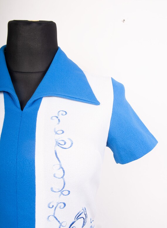 60s 70s short sleeve Mod dress / Blue white Short… - image 9