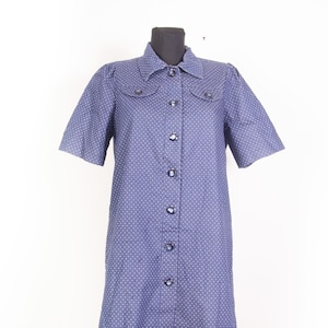 Vintage Blue Polka Dot Mini Dress - 1980s Cotton Button Down
