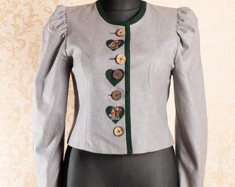 Vintage Wool Dirndl Blazer: Embroidered Hearts, Grey & Green, Sz M-L
