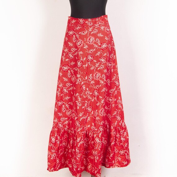 70s Vintage Floral Prairie Skirt: Red White Cotton Maxi (S-M