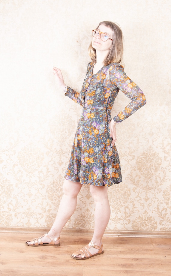 Sheer Gauzy grey floral Mini  dress /  Vtg Long s… - image 3