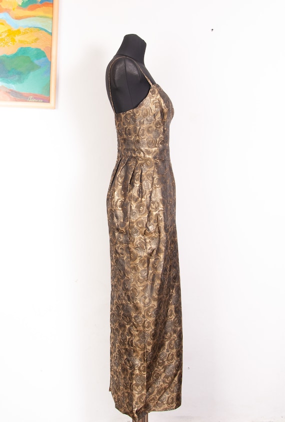 Bronze Gold Roses jacquard 50s 60s evening gown /… - image 5
