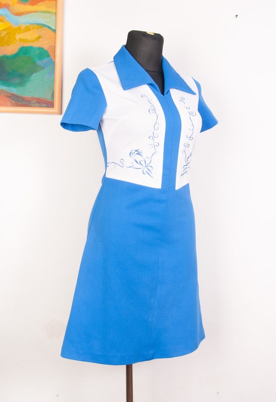 60s 70s short sleeve Mod dress / Blue white Short… - image 6