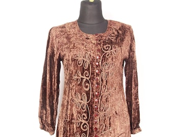 90s Brown Crushed Velvet Embroidered Dress / Boho Grunge Witchy Button Front Midi  / Medium Large