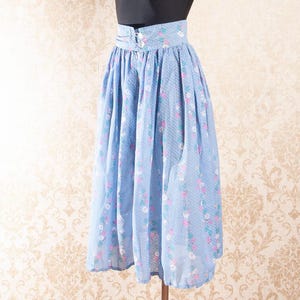 Sheer Airy Floral Polka dot Summer Skirt  / Vtg Light blue High waist Mid length skirt  / size Small