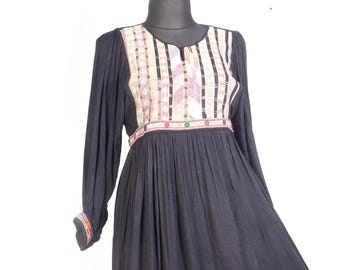 Vintage 70s Afghan Kuchi Dress / Black Viscose Maxi Boho Festival Gown Ethnic Tribal / L