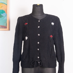 Embroidered Drawstring waist Austrian Trachten Dirndl cardigan /  Deep black Wool blend 40s style cardigan / sz  Large to XL