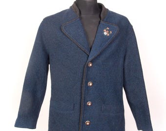 Vintage German Trachten Wool Jacket Blue Boiled Wool Blazer Horn Buttons Alpine Bavarian Style