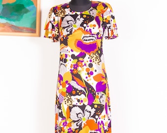 Vintage 60er 70er Psychedelisches Maxi Kleid / Groovy Floral Empire Taille Jersey Hippie Kleid / S