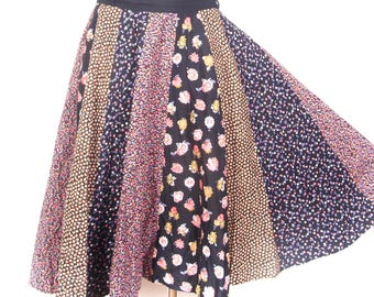Vintage 90s Patchwork Floral Midi Skirt Black Cotton Panel Skirt Ditsy Print Minimalist  / M L