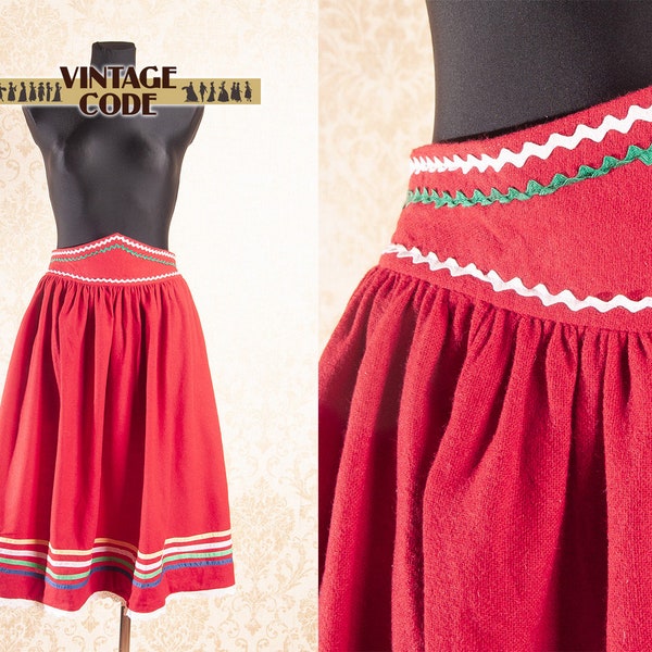 Rick rack Lace Ribbon Trim skirt /  Red Sheer wool Folk Prairie Peasant style Full skirt / sz Small