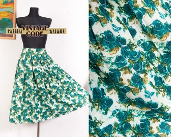 Aqua Green Blue Roses jaren '50 jaren '60 rok / Hoge taille Mid Length Verzamelde Pure wol jaren 1950 Rozen rok / maat klein