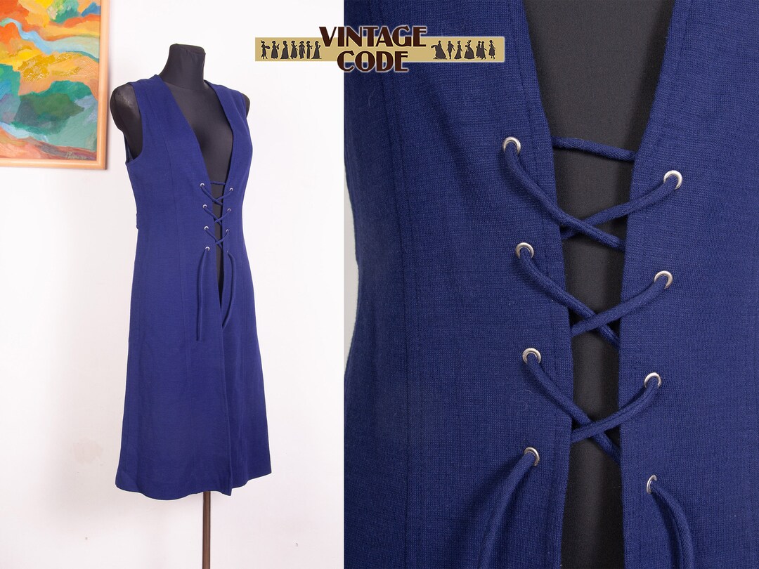 Navy Blue 60s 70s Jersey Knit Long Vest / Mod Boho Tie Closure Longline ...