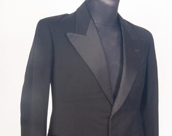 Vintage 40s Wool Tuxedo Jacket, Silk Lapels - Size Small