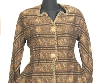 Vintage 70s Victorian Revival Peplum Jacket / Metallic Paisley Brocade Gold Trim Romantic Blazer / S M