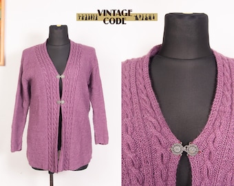 Lilac Purple Simple Nordic Woman's Cardigan  / Hook Pewter clasps V neck cardigan sweater / sz Large