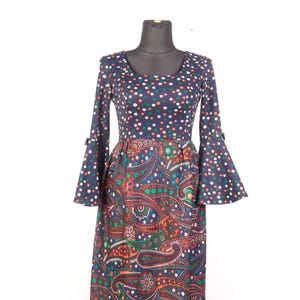 70s Paisley Print Maxi Dress: Groovy Flare Sleeve Boho Hippie Style