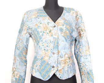 Vintage Quilted Floral Jacket by Kurt Kellermann / 80s Light Blue Patchwork Blazer Cottagecore /  Medium