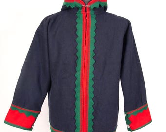 Vintage Sami Style Wool Jacket with Hood Cape Nordic Folk Coat / Medium to Large