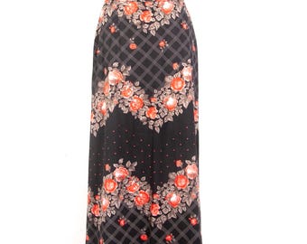 Falda larga vintage de los años 70 con estampado floral / Estampado de rosas negras estilo boho, cintura alta, cottagecore gitano / Tallas S a M