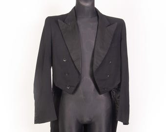 Vintage 1930s 1940s Wool Tailcoat / Black White tie Evening Coat / British Style Formalwear / M