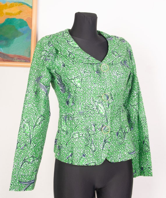 Green African Wax Print Cotton Jacket / Birds pri… - image 6
