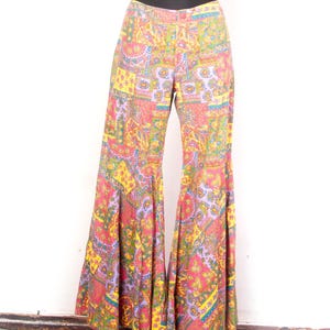 Pantalones acampanados con estampado de patchwork vintage / Estilo psicodélico de los años 60 y 70 / Disco Funky Boho Hippie Festival / Algodón suave / Talla pequeña a mediana