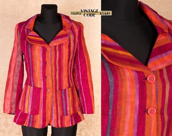 Bright Colorful Striped  Blazer Jacket Cardigan / Wine Red Orange Collared Fitted Woven fabric blazer with Pockets / sz Small