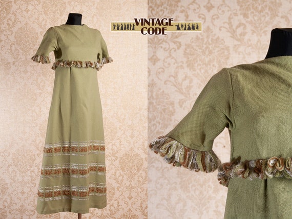Olive Green Woven Wool Maxi dress / Vintage Finnis