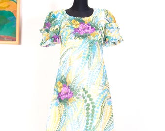 Vestido longo floral vintage Vera Mont Paris dos anos 70 / Chiffon com cintura império para festa no jardim / Tamanho pequeno