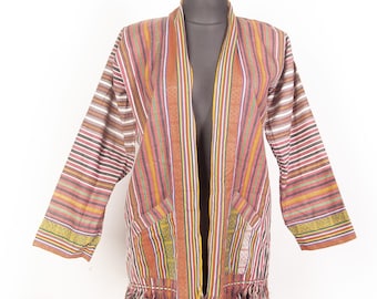 Chaqueta vintage de algodón con rayas tibetanas originales: Ropa hippie con flecos