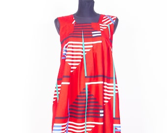Vintage Finnish Kaisu Heikkilä Dress/ 1980s Geometric Print Tent  Cotton Sleeveless Dress/  M