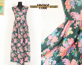 70s Floral sleeveless Maxi dress /  Green pink Tropical print high waist  Fit and Flare Garden dress /   sz Small