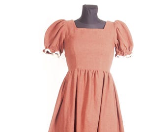 Vintage 60s Rustic Raw Cotton Prairie Dress / Natural Homespun Puff Sleeve Folk Dress / XS