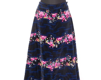 70er Jahre Vintage Samtrock Maxirock A-Linie / Rosen Print / Größe Medium