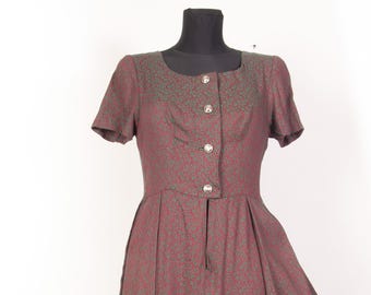 Vintage 1950s Austrian Dirndl Dress/ Dark Red Green Fit and Flare Alpine Trachtenkleid / S-M