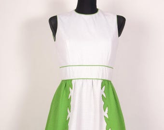 1960s Mod Mini Dress / Green & White Waffle Cotton  Twiggy Go Go / Size S