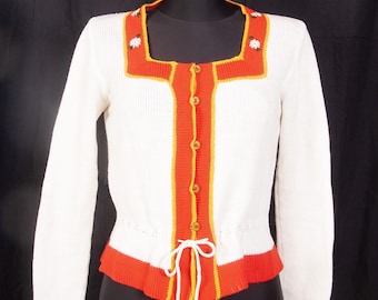 Vintage Tyrolean Knit Cardigan / 70s Austrian Dirndl Embroidered Flowers Folk Boho  / S M