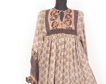 Vintage 1970s PHOOL Silk Block Print Gold thread Dress /  Boho Hippie Indian Dress /  S