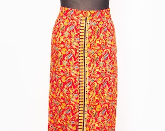 Vintage Batik Sarong Kebaya Skirt Red / Singapore Airlines Inspired Malaysian Pencil Skirt M/L