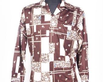 Vintage 70s Mod Hippie Disco Shirt Brown Nylon Dagger Collar Patchwork