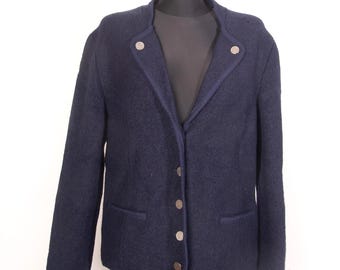 Austrian Boiled Wool Blazer: Dark Blue Felted Jacket, Belt on the back / sz Large