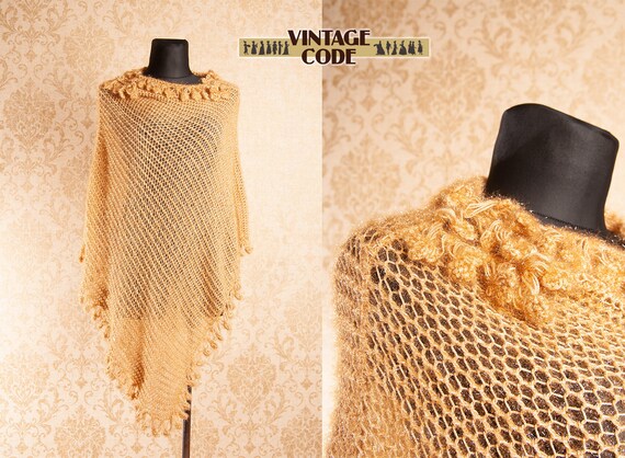 Golden Crocheted Fringed Poncho / Shiny Boho Even