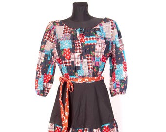 Vintage Patchwork Print Prairie Dress Cotton Boho Folk Tiered Dress Belt Small