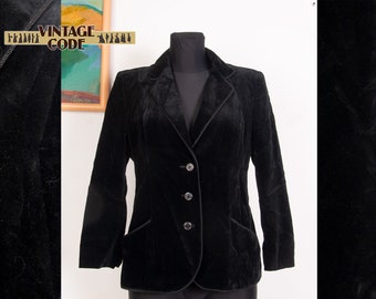 Vtg Black Cotton Velvet Jacket blazer / West German Long sleeve jacket /  Gothic Steampunk Blazer /  sz Medium