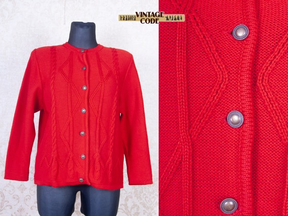 Bright Red  Pure new wool Knitted Dirndl Cardigan… - image 1