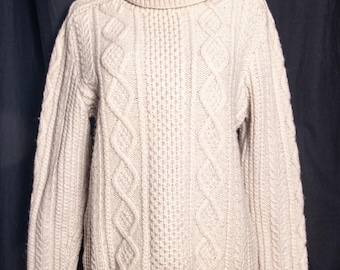 Jersey de cuello alto de punto trenzado blanco vintage / Pescador irlandés de pura lana virgen gruesa Aran / S M