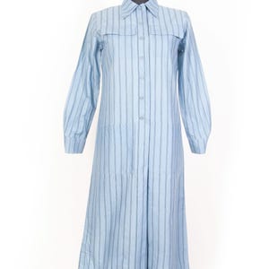 1976 Marimekko Powder Blue Cotton dress / Minimalist striped Finnish dress with pockets / sz Small