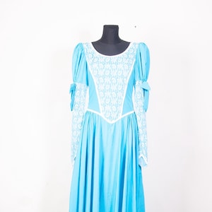 Turquoise blue Renaissance Tudor Long Maxi Taffeta dress ballgown  / Vtg Costume Cosplay  with Bow /  size  Small