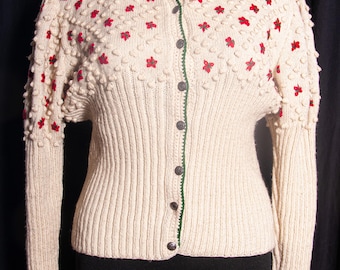 Cárdigan Dirndl de punto con estampado floral blanquecino vintage / Bordado floral estilo austriaco-alemán / Grande